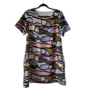 🇨🇦 Marigold Montréal Multicolor Abstract Art Dress • Short Sleeve Shift • XS